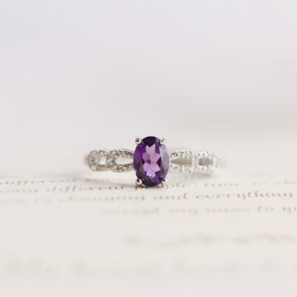 Genuine Natural Amethyst Stone Ring Purple Sterling Silver Dainty Ring - Picture 4 of 8